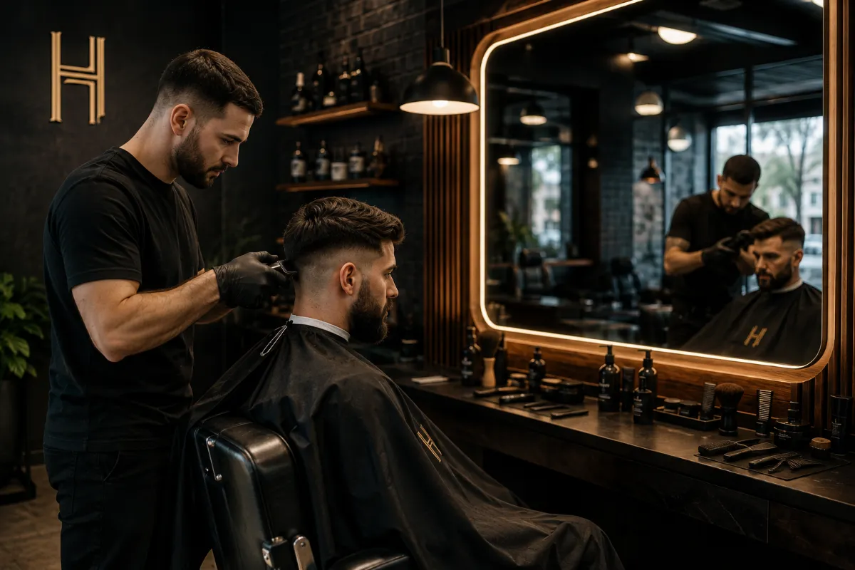 Video still: a barber finishing a fade at Halvel