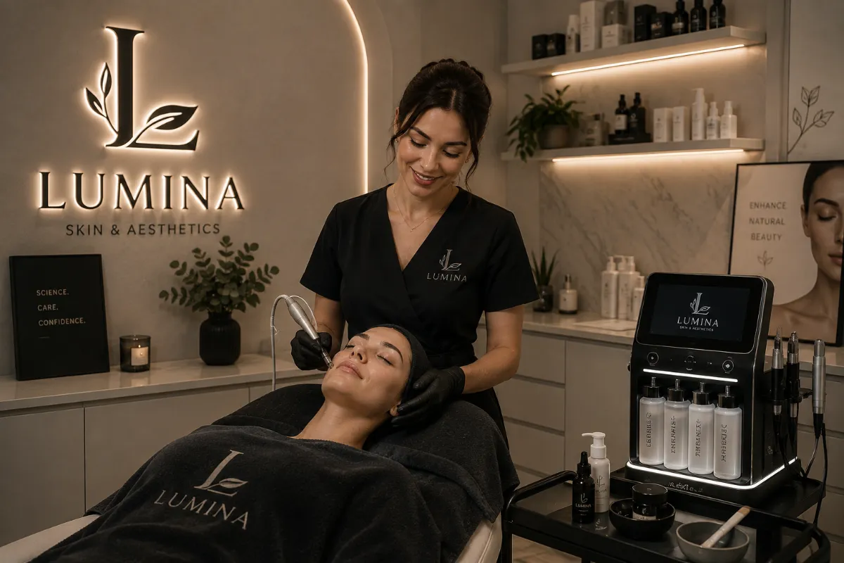A facial treatment in progress at Lumina Skin & Aesthetics