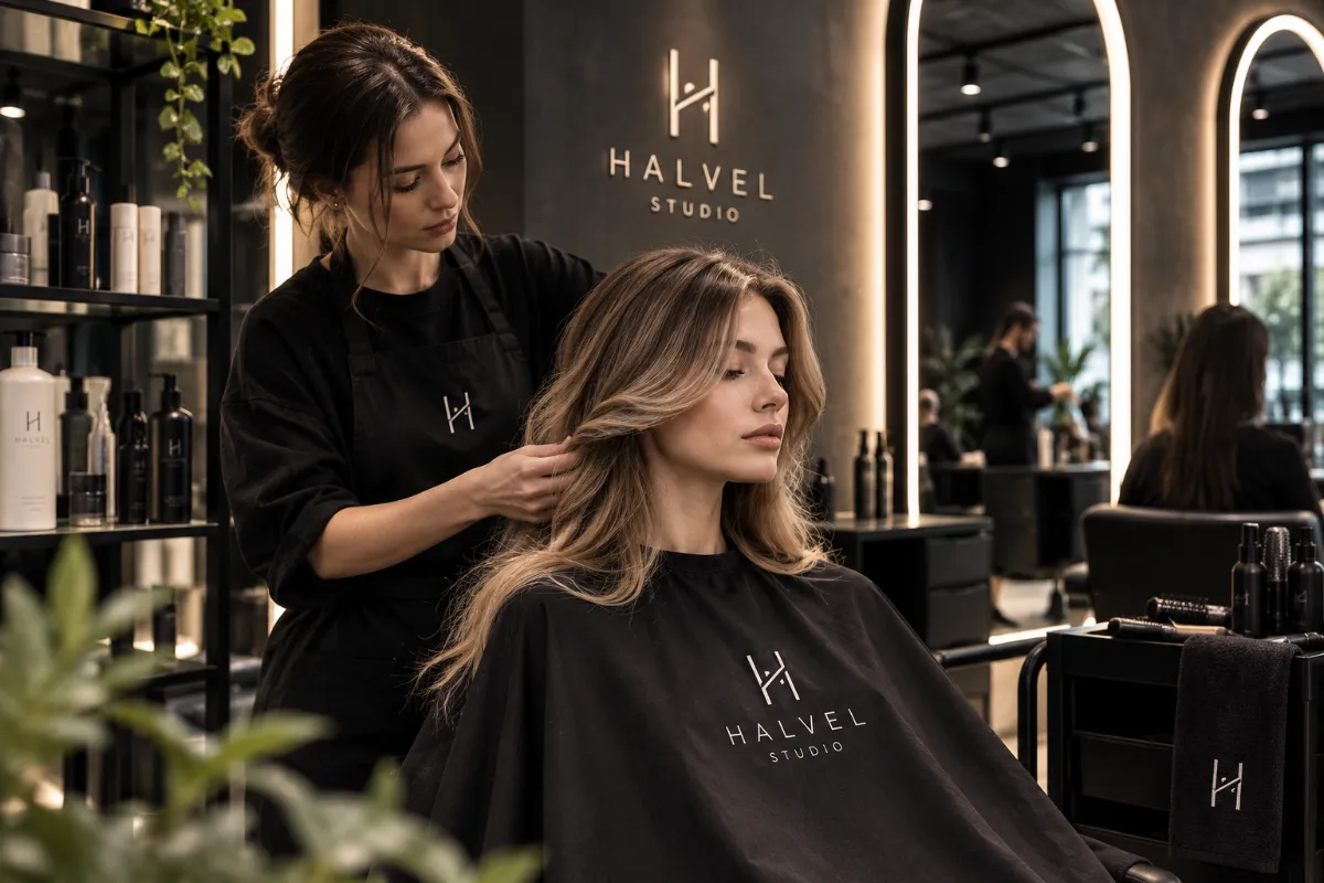 A stylist finishing a blow-dry at Halvel Studio