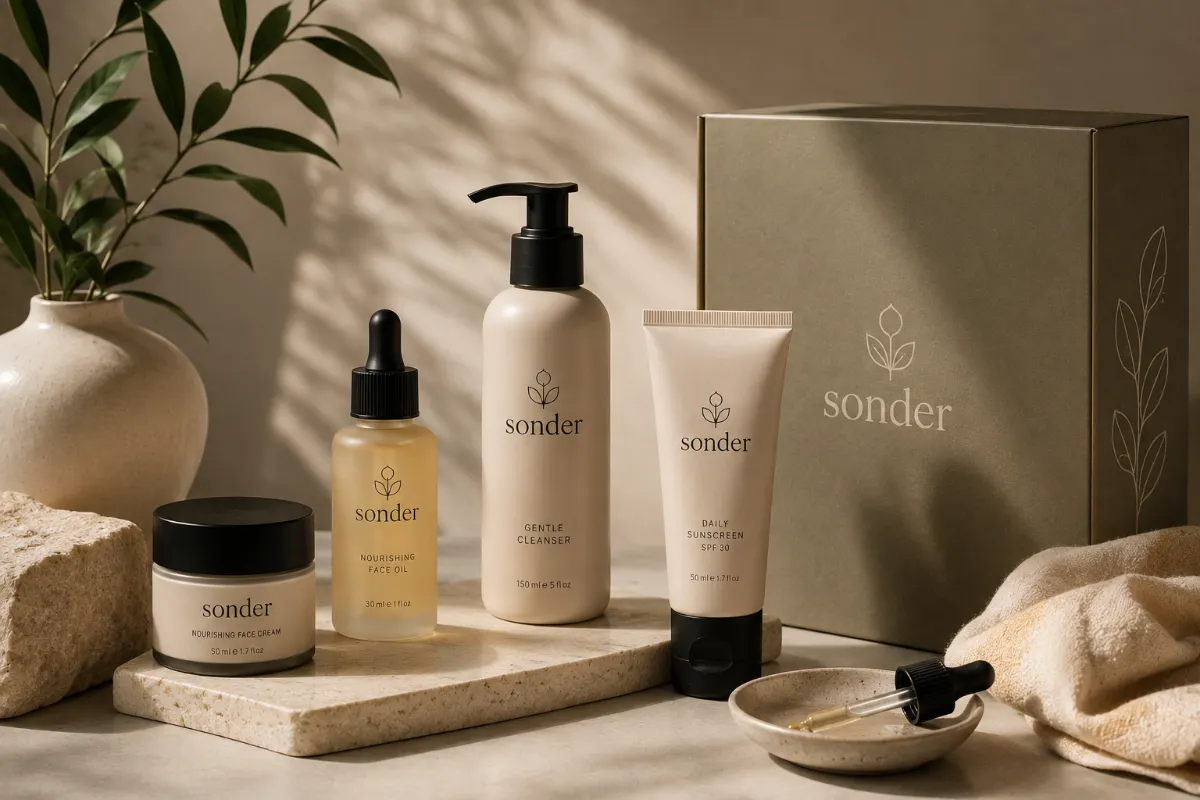 The Sonder skincare range photographed for a product post