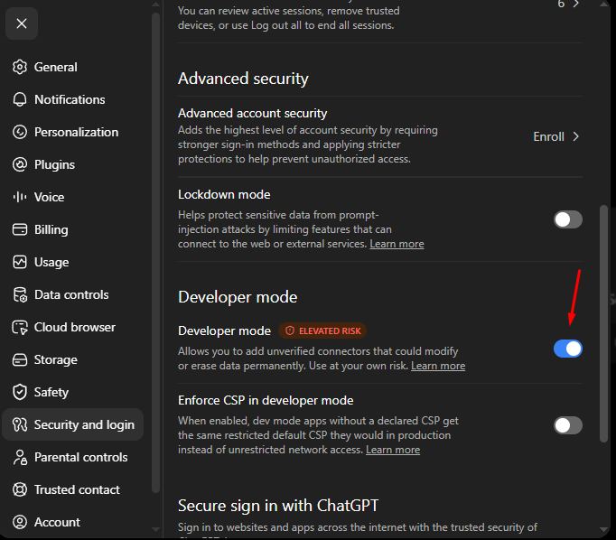Přepínač Developer mode v části Advanced security nastavení ChatGPT