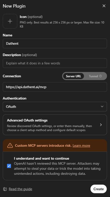 Okno New Plugin vyplněné názvem Dathent, připojením Server URL a OAuth