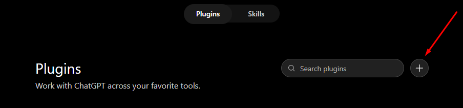 Stránka Plugins v ChatGPT se zvýrazněným tlačítkem plus