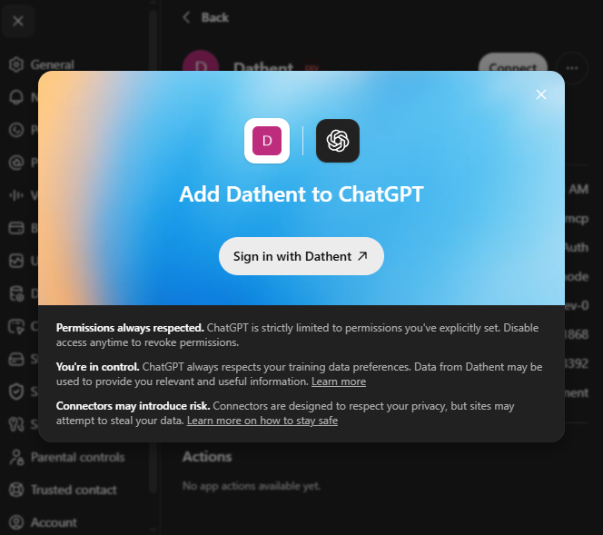 Okno Add Dathent to ChatGPT s tlačítkem Sign in with Dathent