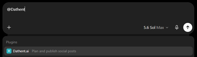 Po zadání @Dathent do pole zprávy ChatGPT se v seznamu pluginů zobrazí Dathent.ai