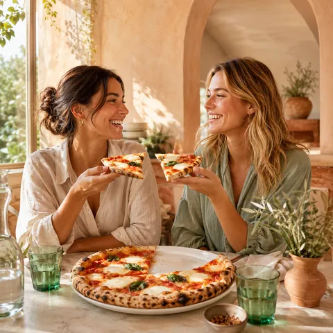 Two guests sharing a wood-fired pizza at Embervale