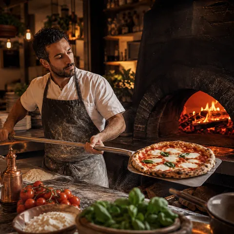 The Embervale pizzaiolo pulling a pizza from the wood oven
